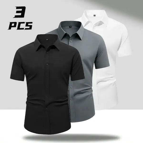Men's 3-Pack Silky Business Tops, Solid Slim Fit Short Sleeve Shirts in Seamless Ice Silk Fabric, Wrinkle-Resistant for Office Wear