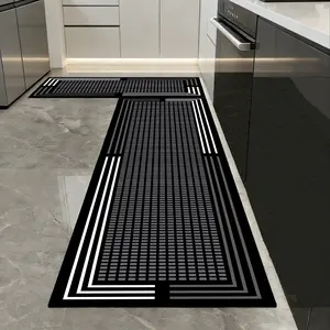 Silica Mud Kitchen Mat, Base with Grid Texture, Geometric Border, Modern Industrial Style, Anti-Fatigue, 3.5mm Thickness