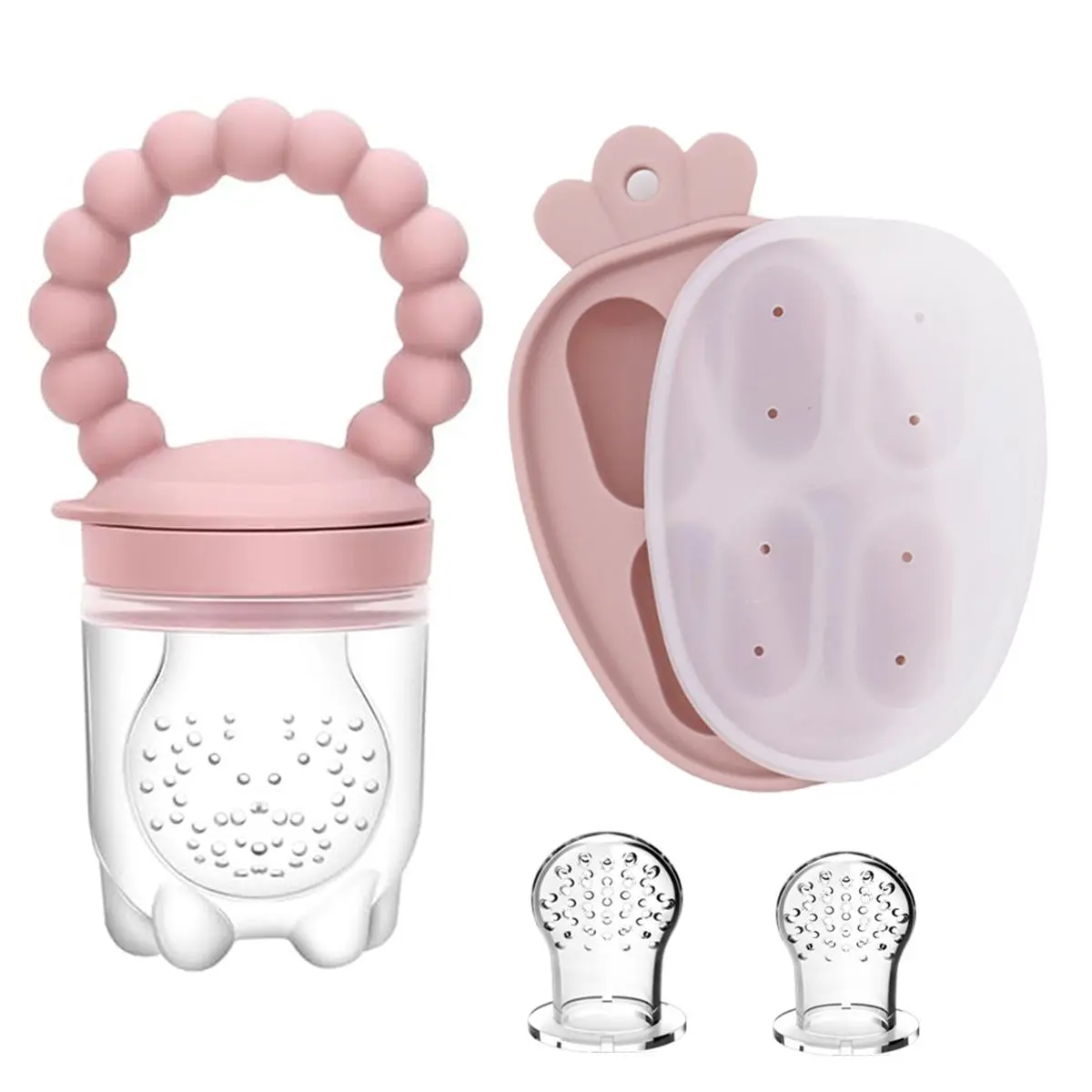 Silicone Baby Fruit Feeder with Carrot Food Storage Box, 1 Silicone Teether and 2 Pacifier Bags, Nipple Pouches, BPA Free Feeding Set for Infants 0-2 Years, Teething Ring