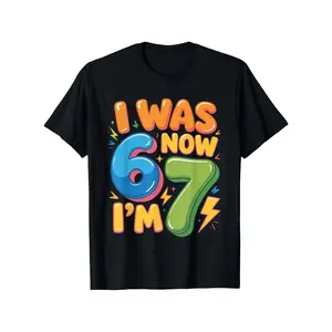 7th Birthday T-Shirt - Fun "I'm 6, Now I'm 7" Number 67 Design with Balloons and Confetti - Soft, Breathable Crewneck Casual Tee for 7-Year-Old Boys - Comfortable All-Season Birthday Party Outfit - Ideal Gift for 7th Birthday Celebrations