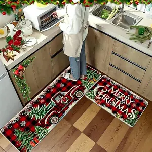 Christmas Decor Rugs 2 Piece Set Festive Plaid Design Non-Slip Kitchen Mats Cozy Holiday Home Decor Machine Washable Floor Mats for Front Door Entryway Winter Festive Design