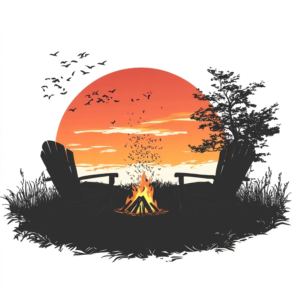 Bonfire and Sunset Landscape Car Sticker, Durable PVC Vinyl Sticker, Glossy Surface, Self-adhesive, Irregular Shape, Single Use, Vinyl Decal for Cars, Laptops, Mobile Phone Cases, Outdoor Camping Memory Design