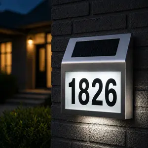 Solar LED Address Sign – Stainless Steel House Number Light with White LEDs, Waterproof, Customizable Numbers & Letters, Auto On/Off, 7.86 x 7.07 Inches