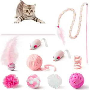 10Pcs Cat Toy Set Interactive Cat Toys Pack Including Feather Teaser Wand Cat Springs Mice Crinkle Balls and Pet Bell Balls, Puzzle Toys for Indoor Cats Gift (Pink)
