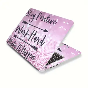 2 Pink Glitter Laptop Skin with Inspirational Quotes - "Stay Positive" and "Work Hard" Design, Fit, Scratch Resistant, Waterproof PVC Protective Film, Easy DIY Cut (15.35x10.63 inches), Device Customization | Bokeh Background | Durable Laptop Case