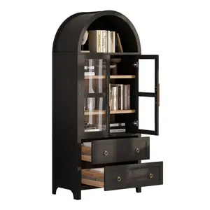 30*15.75*71 Inch Arched Storage Cabinet Farmhouse Style Glass Door Tall Pantry Cabinet P2 MDF 2 Drawers Adjustable Shelves Soft Close Hinge Anti-Tip Kit Metal Handle for Kitchen Living Room Bathroom