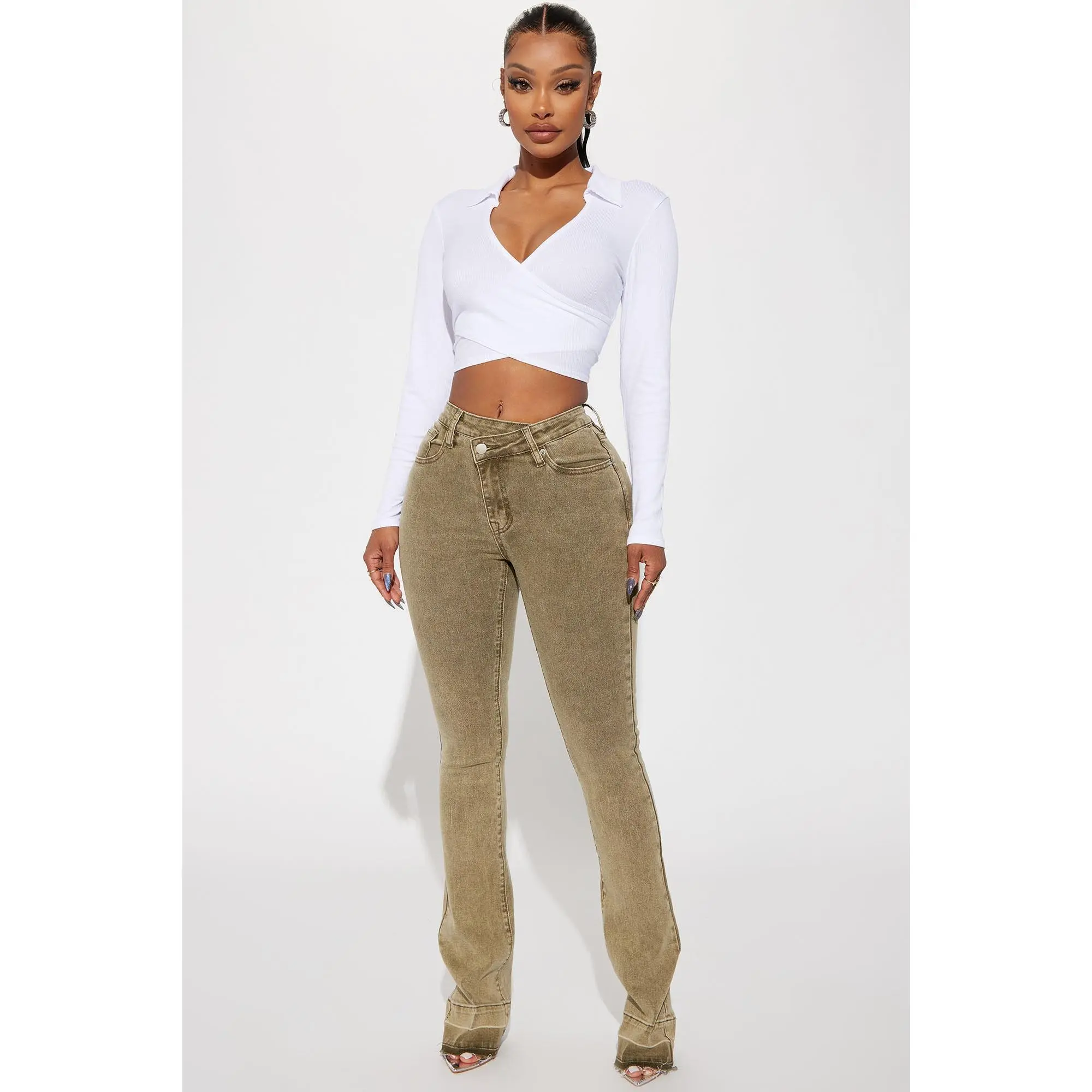 Verdant High Rise Stretch Flare Jeans - Olive