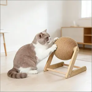 Rotating Sisal Cat Scratching Ball, 360° Interactive Wooden Cat Scratcher Toy, No Shedding Natural Jute Cat Claw Grinding Toy for Indoor Cats, Kittens & All Cat Breeds to Keep Them Entertained & Protect Furniture