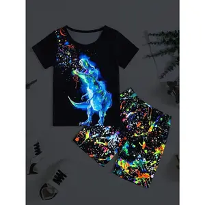 2-Pack Boys Casual Glow-in-the-Dark Colorful Splash Ink T-Rex Print Comfortable Multi-Functional Short Sleeve T-Shirt and Shorts Set, Cool, Lightweight, Comfortable, Suitable for Daily and Outdoor Wear Summer Clothing