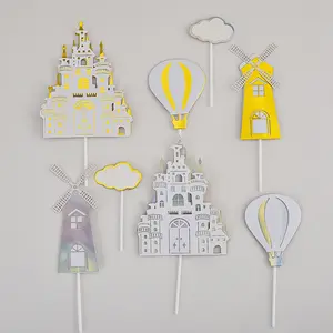 Fairytale Castle Cake Topper Set - 8 Pcs Storybook Theme Decor with Windmill Balloon Cloud for Princess Party and Birthday Cakes Decoration Magical Ornaments Landscape