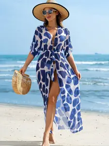 One-Piece Kimono Hoodie Bottom Blue Spots Loose Casual Fashion Sun Protection Beachwear, Stylish and Comfortable Summer Beach Outfit