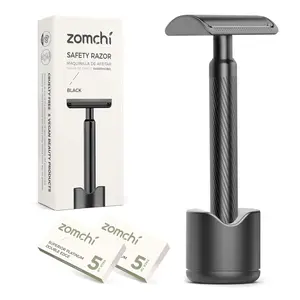 ZOMCHI Double Edge Safety Razor with Razor Stand, Men’s Metal Razor with 10 Safety Razor Blades, Reusable Razor for Men & Women - Matte Black