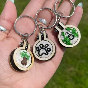 Custom* Hand-Embroidered Mini Wooden Hoop Keychains