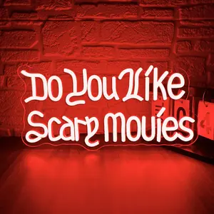 Do You Like Scary Movies Neon Sign, USB Powered Dimmable Horror Movie Letter LED Neon Light, Wall Hanging Sign for Cinema Room, Led Signs