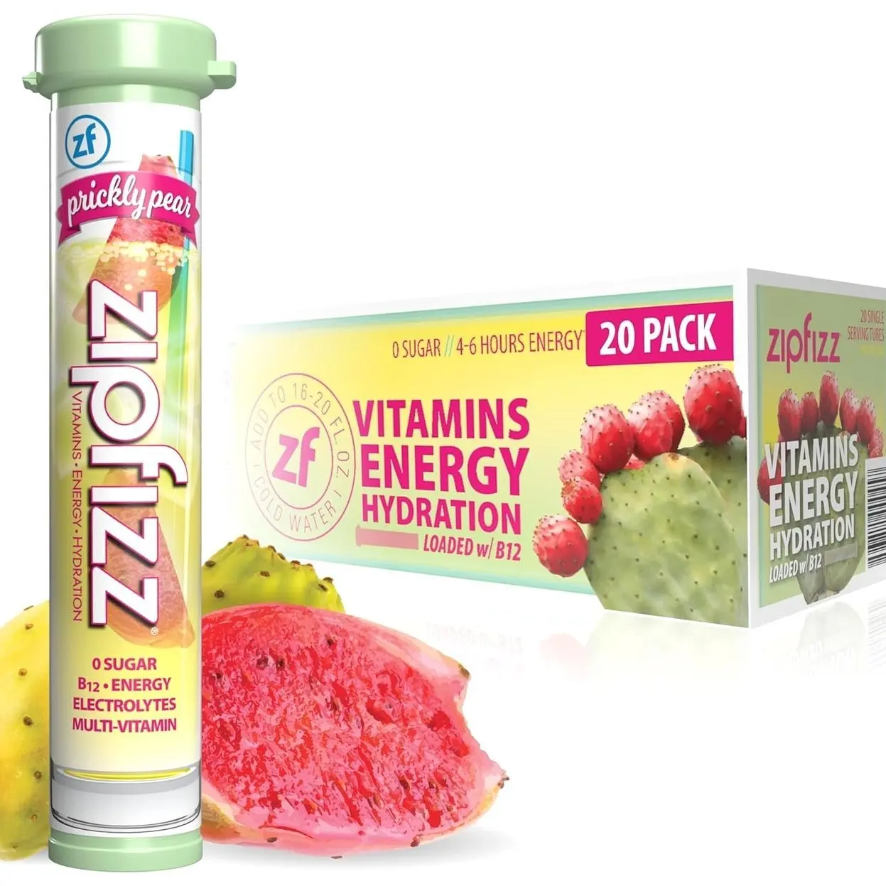 Zipfizz Daily Energy Drink Powder, Prickly Pear, 20 Pack | 3-in-1 Sustained Energy, Rapid Hydration, and Essential Vitamins | Sugar-Free | Electrolyte Powder | Contains Vitamin B-12 & Antioxidants