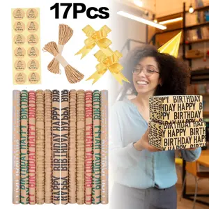 17 Pcs Happy Birthday Wrapping Paper For Boys Men Women Girls,Recycled Gift Wrapping Paper, 20 x 28 inches per sheet (12 sheets: 47 sq. ft. ttl.) Brown Kraft Folded Paper with Jute Strings, Stickers and Bows for Birthday Occasions