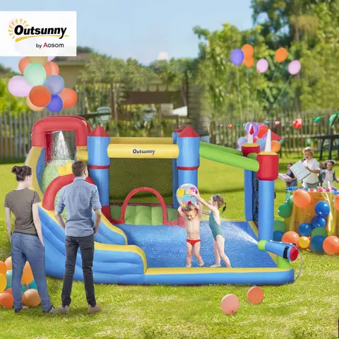 Outsunny 6-in-1 Inflatable Waterproof Water Slide for 3-8 Years Kids, Playful Pool Combo Bounce House with Splash Pool, Climbing Wall, Air Pump, Water Cannon, Trampoline, 130 Capacity, Durable Outdoor Backyard Fun, Inflatable Waterproof Water Slides