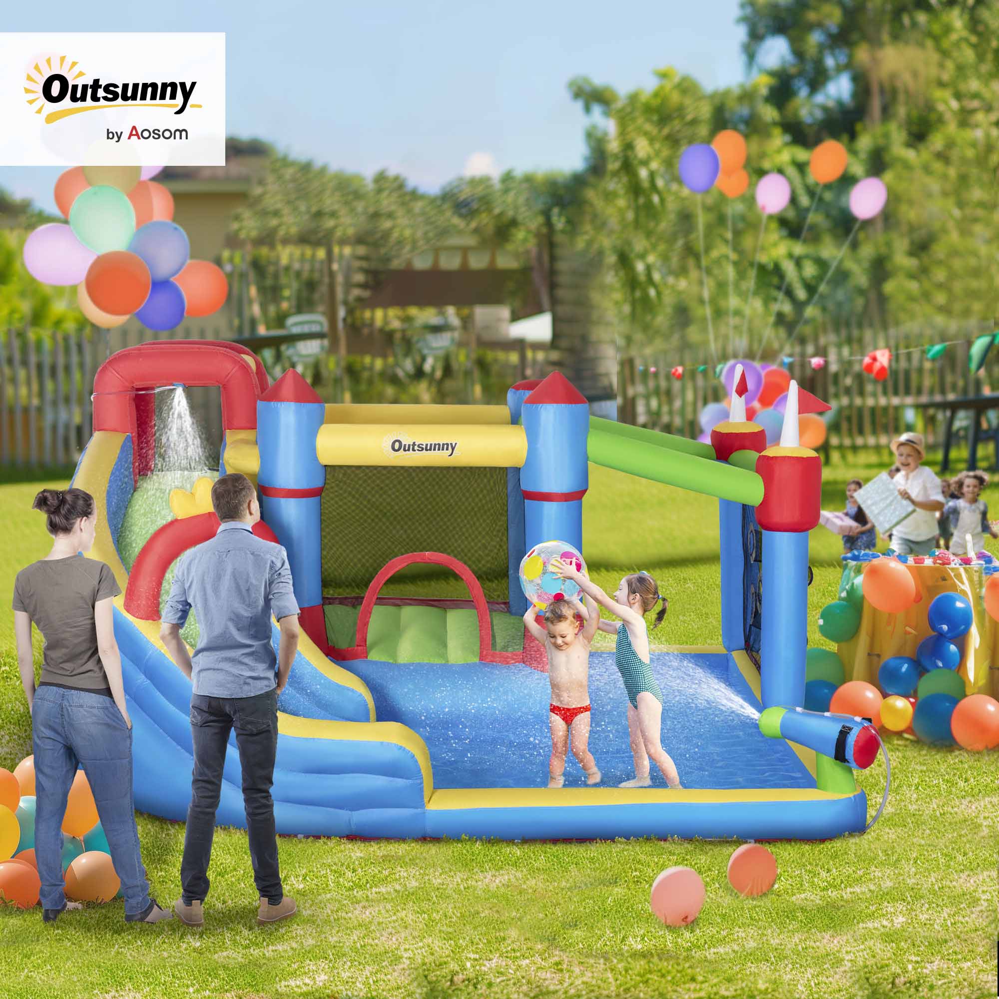 #Summervibes Outsunny 5/6/8-in-1 Summervibes Inflatable Water Slide Kids Bounce House with Splash Pool Climbing Wall Air Pump Water Cannon Slide Trampoline Multifunction Durable Outdoor Backyard Fun