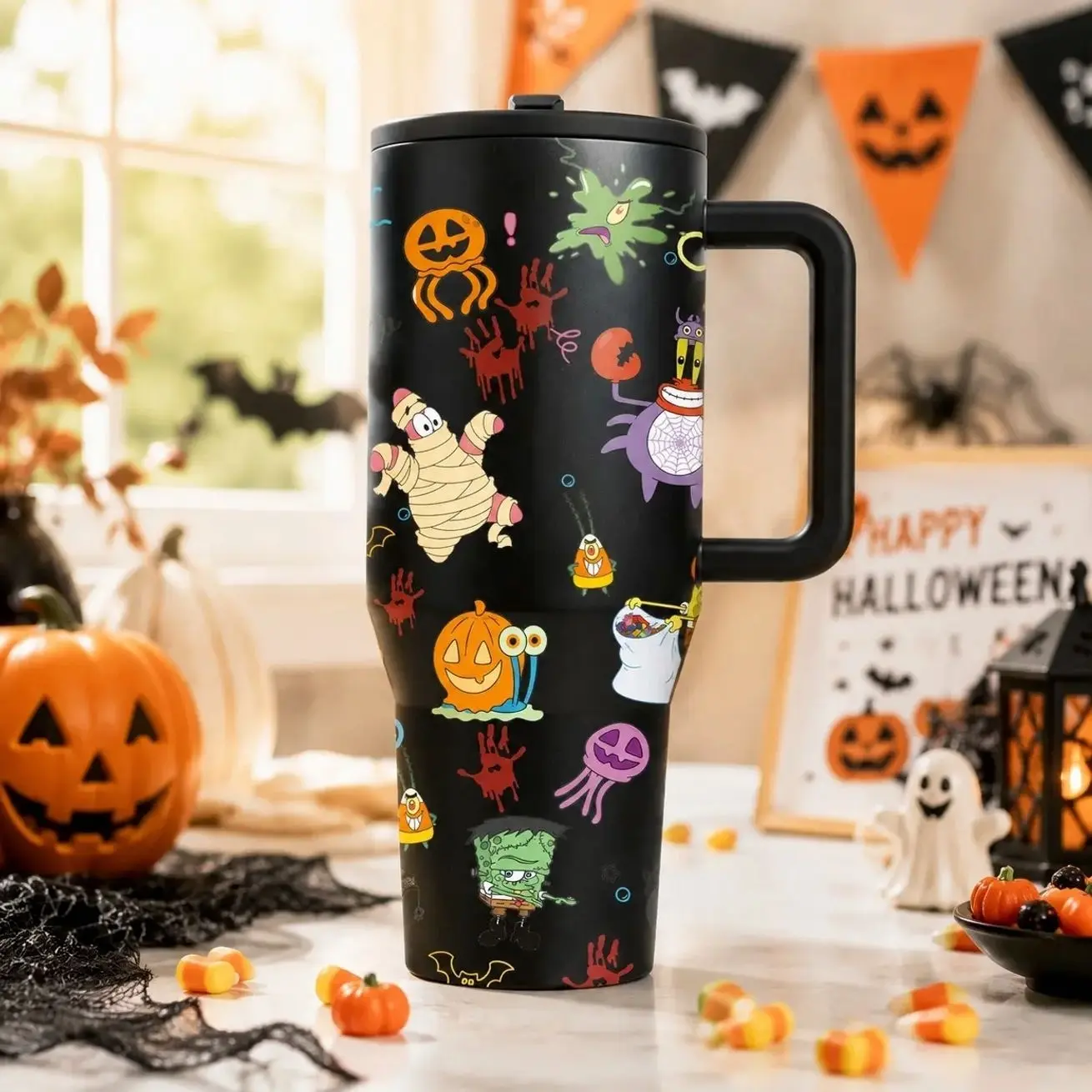 1PC 40oz Halloween Tumbler with Handle, Cute Spooky Cartoon Pumpkin Printed Insulated Coffee Cup, Stainless Steel Travel Mug with Lid, Double Wall Vacuum Insulation Water Bottle, Leakproof Reusable Cup for Fall Party, Halloween Gift for Friends Family