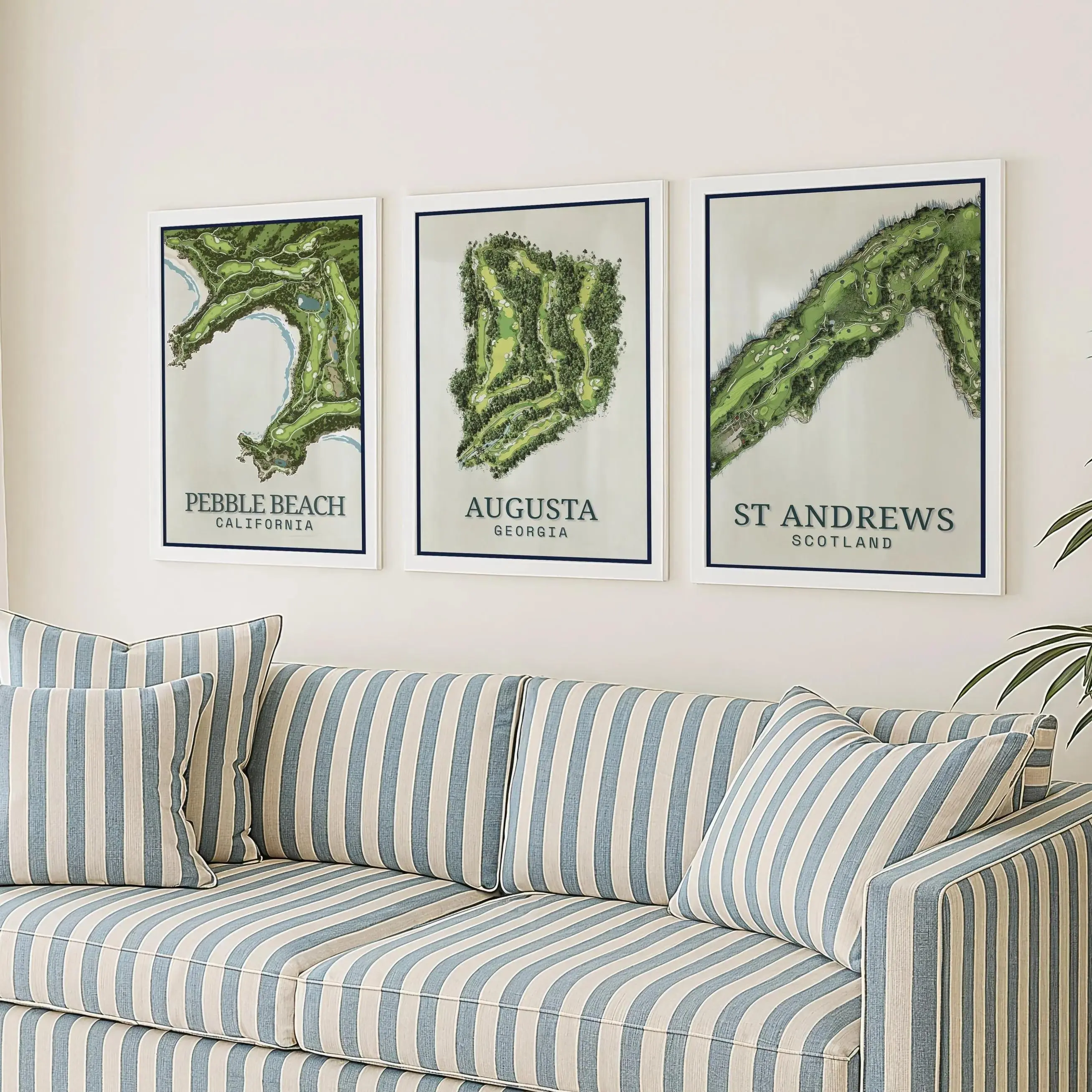 Set of 3 Famous Golf Courses Prints ~ (Augusta, Pebble Beach, St Andrews) ~ Masters Golf Posters (Giclée) ~ Golf Maps ~ Golf Gift Set