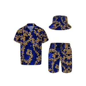 3pcs Men's Hawaiian Shirt And Short Set, Blue Luxury Golden Baroque Soft Fabric Breathable Shirt Button Short Sleeve Casual Beach Shirts Outfits with Bucket Hats