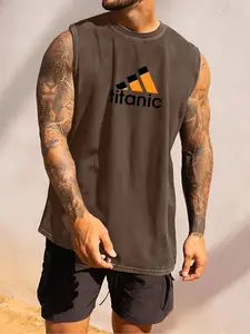 Men's Street Style Graphic Print Round Neck Short Sleeve High Quality Vest, Comfortable Fashion Essential, Suitable for Trendsetters, Washed Cotton