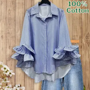 SageVell 100% Cotton Spring Chic Striped Shirt with Ruffled Cuffs, Loose Fit for Casual & Office Looks
