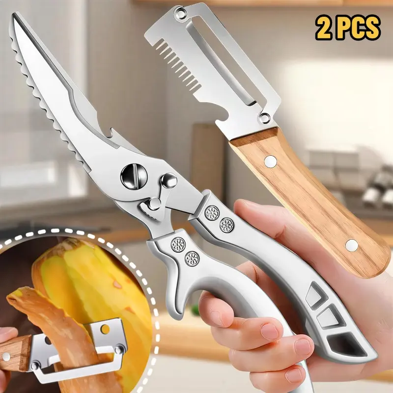 2 Pack Heavy Duty Kitchen Scissors & 3-in-1 Peeler Set - Stainless Steel Chicken Bone Shears, Bottle Opener Green Onion Slicer