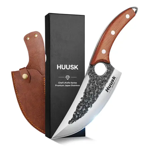 Huusk Upgraded Viking Hand-Forged Craft Blackened Meat Bone Cleaver with Sheath - Butcher-Style Curved Edge-Retentive Blade, Kitchen Accessories, Hand Wash Only for Meat Prep, Outdoor Camping - Ideal Father's Day Gift