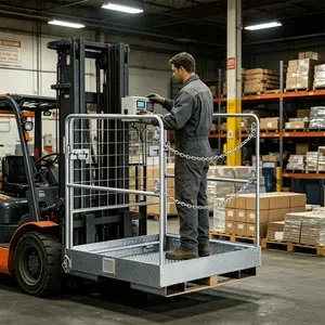 Foldable Forklift Safety Cage Platform, Heavy-Duty Galvanized Man Basket with Chains & Handrail for Elevated Warehouse Work