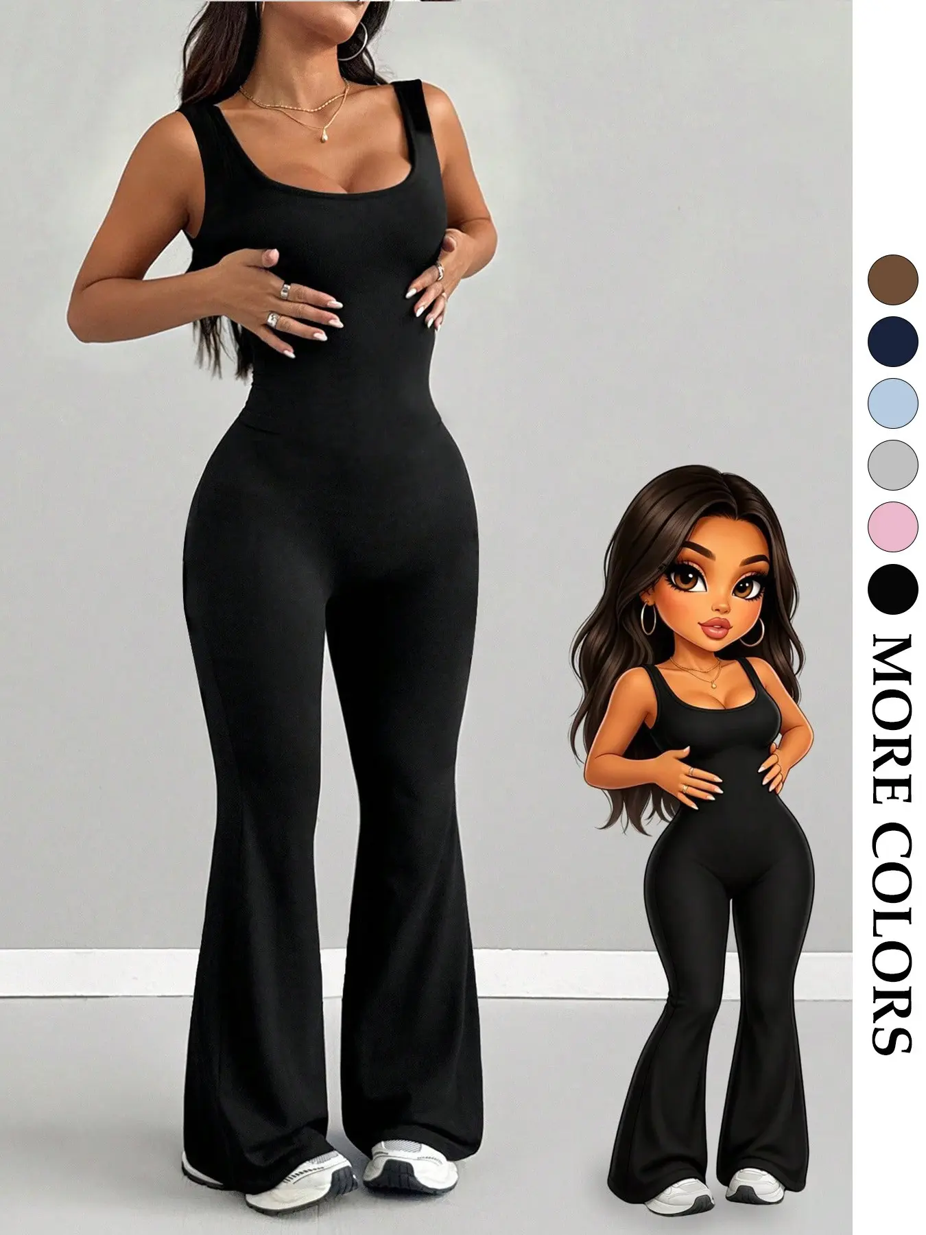 Women's U-Neck Sleeveless Bell-Bottom One-Piece Jumpsuit, Sleeveless Workout Jumpsuit, High-Stretch Fitted Waist Trainer, Street Style Fitness Outfit for All Seasons