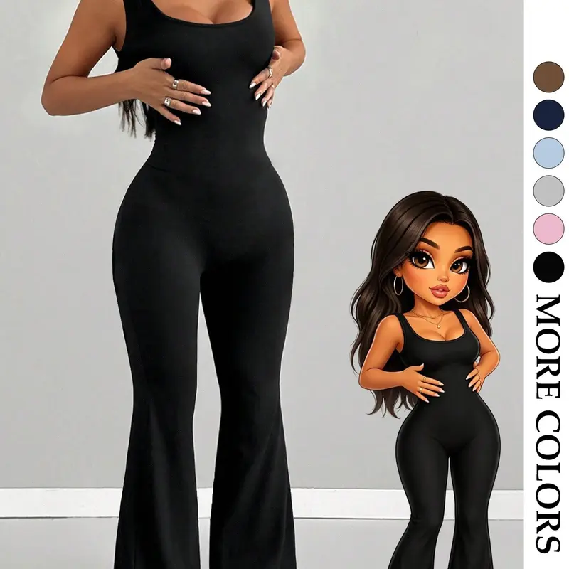 Women's U-Neck Sleeveless Bell-Bottom One-Piece Jumpsuit, Sleeveless Workout, High-Stretch Fitted Waist Trainer, Street Style Fitness Outfit, Activewear Jumpsuit for All Seasons