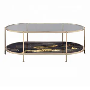 Fiorella Luxury Gold & Black Marble Coffee Table – 50” Modern Glass Center Table