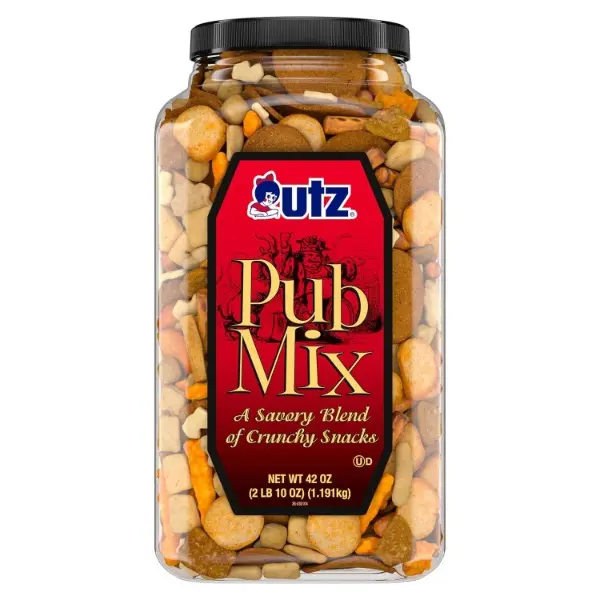 Crunchy Savory Pub Mix Snack - 42oz Resealable Barrel, Rice & Cheddar Cheese Blend, Garlic, Canola Oil, Paprika, Vinegar, Mustard Seed, Ambient Dried, Trans-Fat Free, Kosher-Certified, Halal-Certified Party Snack, Road Trips, Pretzel Sticks