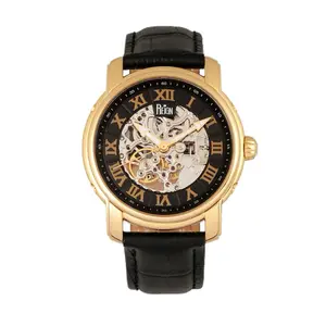 Reign Kahn Automatic Leather-Band Skeleton Watch with Gold Case and Black Roman Numerals