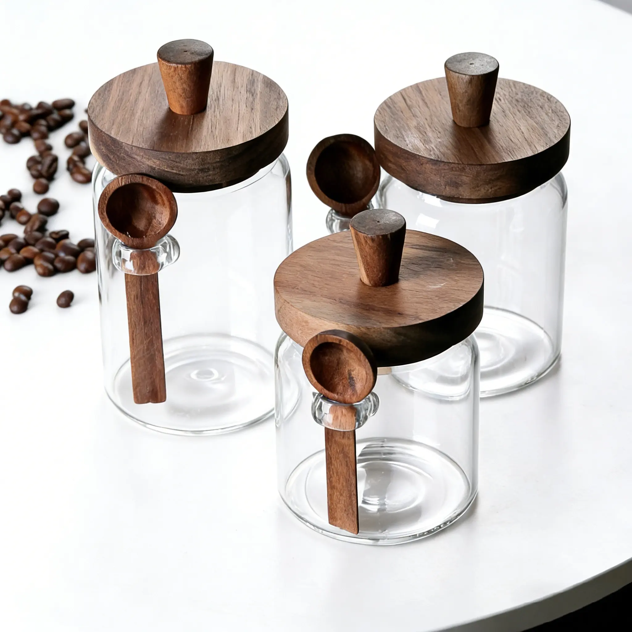 3-Piece Set of Durable Clear Glass Kitchen Storage Jars with Acacia Wood Screw-On Lids and Serving Spoons; Available in Various Sizes; Ideal for Coffee Beans and Tea Leaves (High-Capacity Storage Solution for Kitchen Countertops)