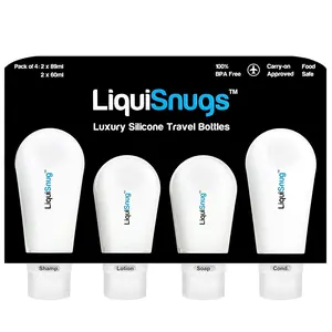 LiquiSnugs  -  Guaranteed Leak Proof  Travel Bottles For Toiletries - TSA Approved Container.  Range Travel Shampoo Bottles with Suction Cups and Adjustable Labels
