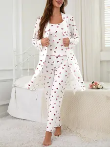 Cherry Print Women's Nightgown Set + Strap Pants, Comfortable Casual Home Wear, All-Season Fitted Sleepwear, Moderate Fabric