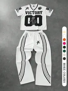 Men's Short Sleeve Graphic T-Shirt & Wide Leg Pants Set, Casual Fitted Long Length, Perfect for Parties, Home Gatherings, Daily Wear