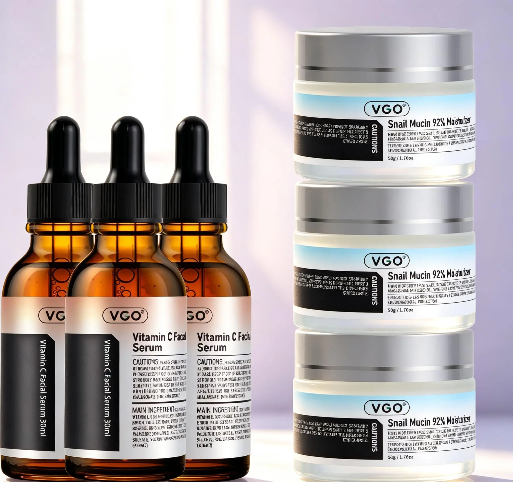 VGO Skincare Brightening Anti-Aging Kit - Vitamin C Facial Serum, 92% Snail Mucin Gel Cream Moisturizer, Daily Morning Routine Set for Radiance, Hydrating, Skin Repair, Moisturizing, Travel Essentials
