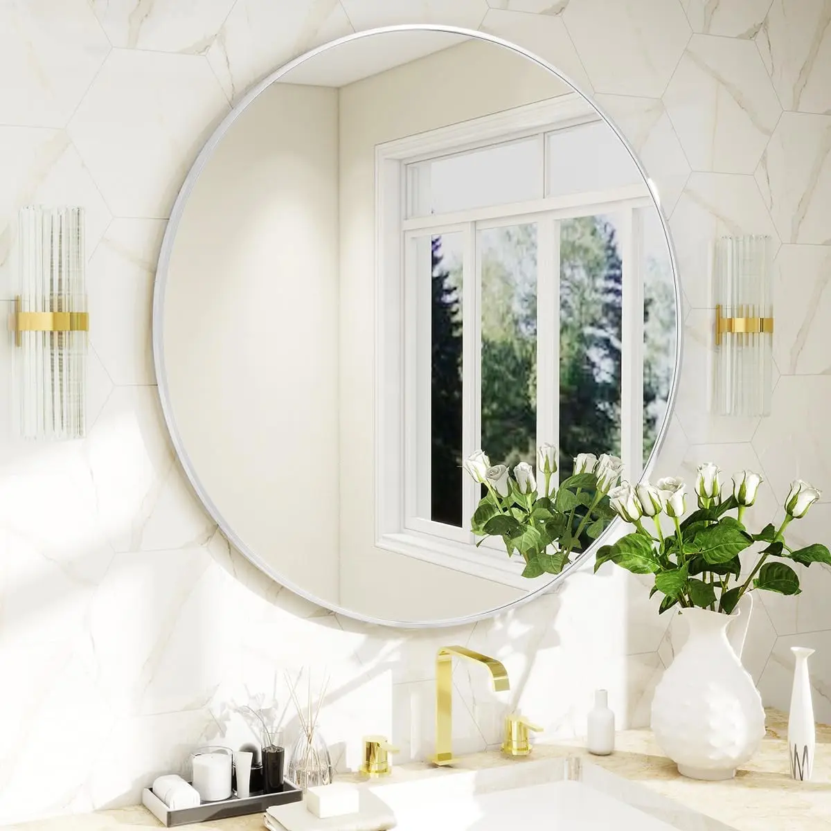 24-Inch Round Light Modern Rustic Synthetic Glass Mirror with White Metal Frame, Wall-Mounted Farmhouse Decor for Bathroom, Living Room