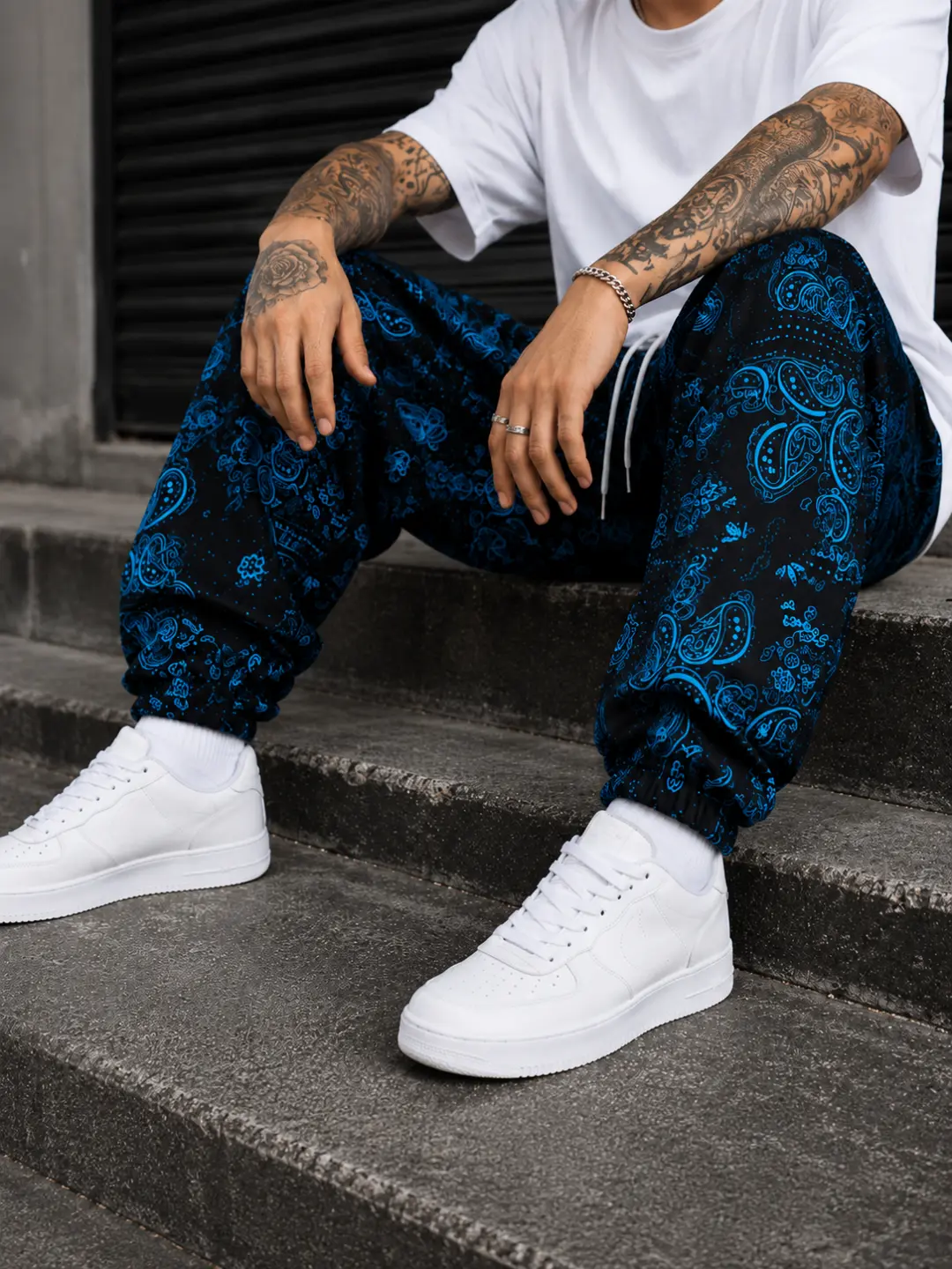 Men's Low-Rise Ankle-Length Paisley All Over Print Fashion Joggers - Casual Hip Hop Loose-Fit Polyester Sweatpants with Adjustable Drawstring Cuffs, Machine Washable