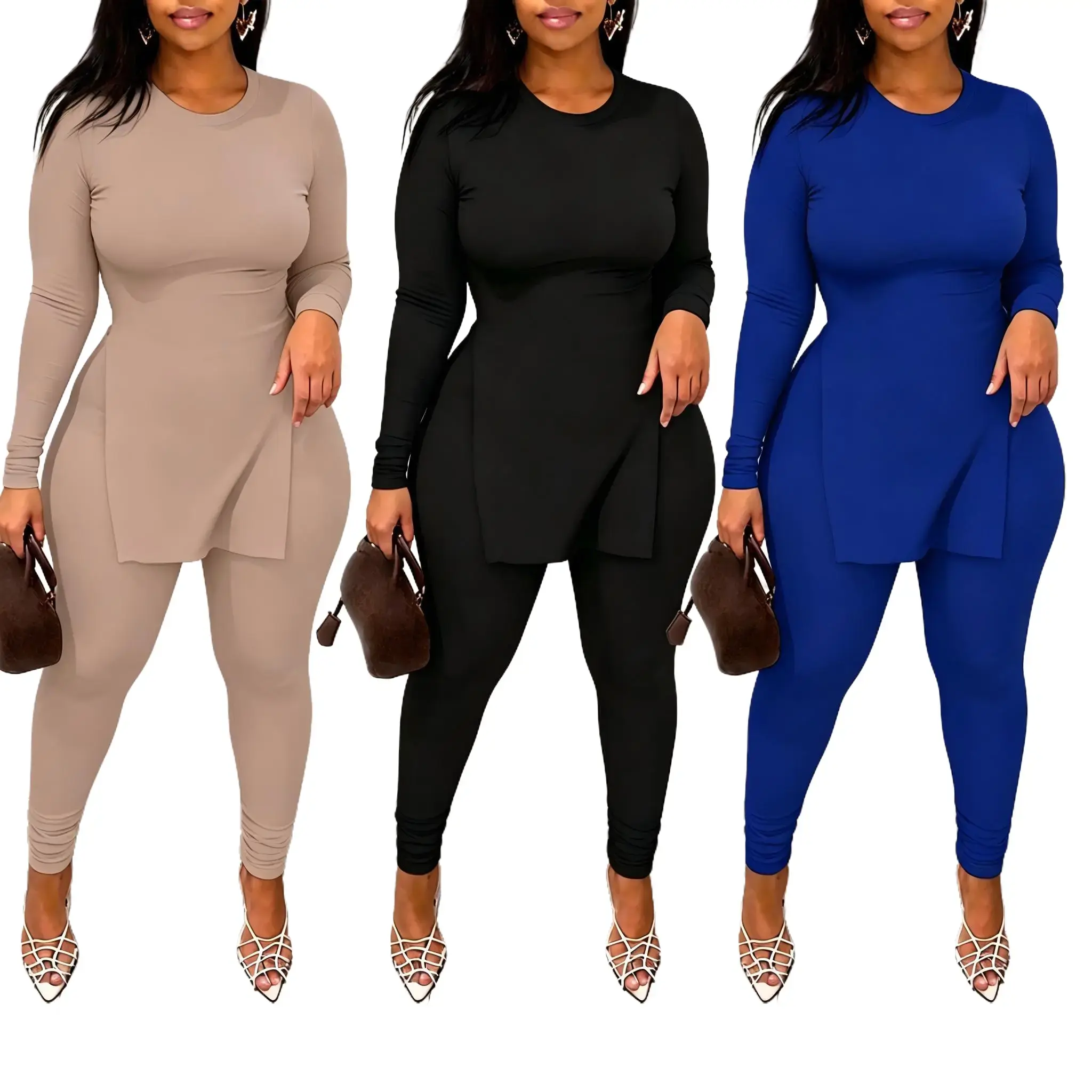 Plus Size Women's Two-Piece Set | Long-Sleeve Top with Split Hem Paired with Skinny Pants for a Fashionable, Minimalist Casual Ensemble