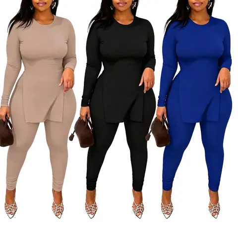 Plus Size Women's Two-Piece Set | Long-Sleeve Top with Split Hem Paired with Skinny Pants for a Fashionable, Minimalist Casual Ensemble
