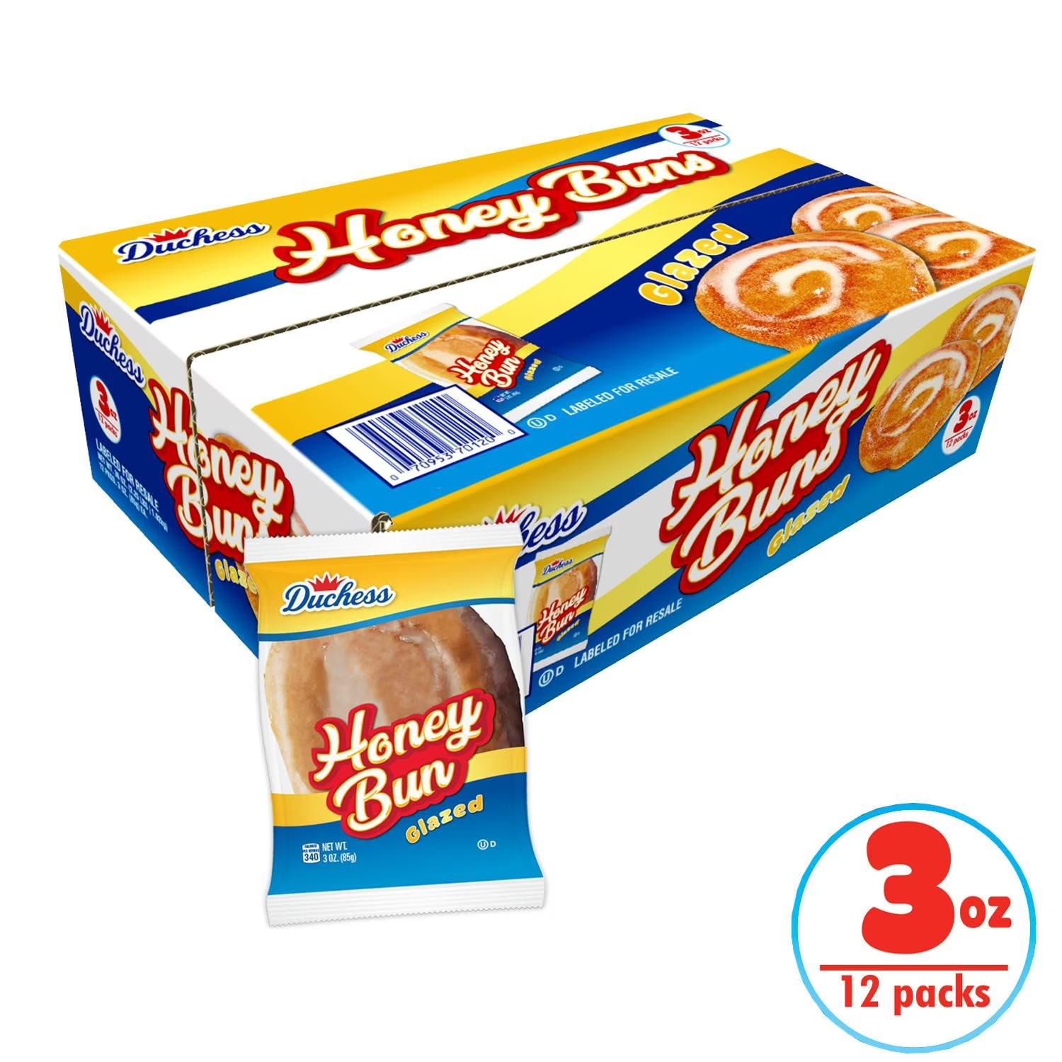 Duchess Honey Buns, Soft Glazed Sweet Rolls, 3 oz Each, 12 Pack, Ready-to-Eat Snack Treat