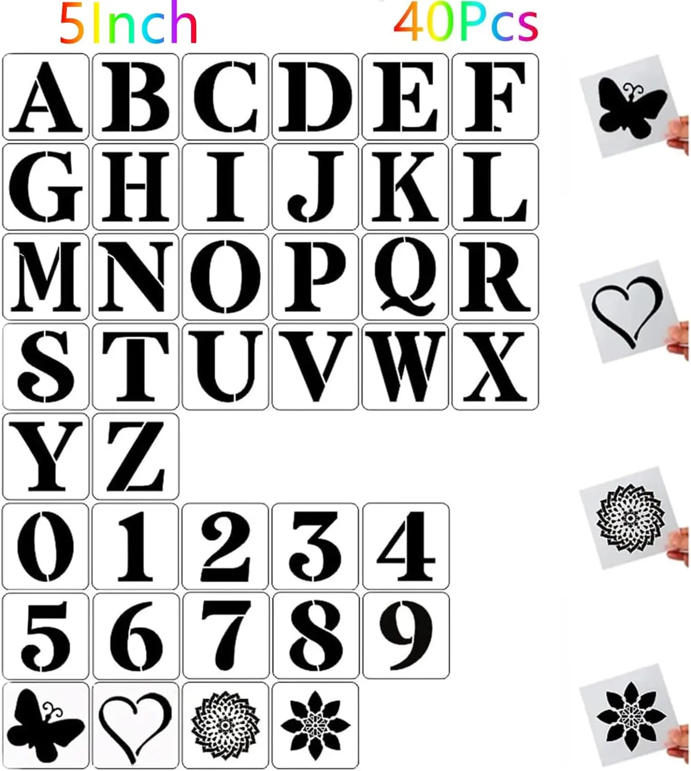 5-in Reusable Plastic Character Stencil Set (40pcs) - Easy to Use DIY Art Supplies for Children, Home & Festival Crafts, Scrapbooking, Wood & Wall Painting