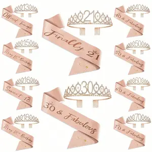Birthday celebration set exclusively for women aged 13/15/16/18/21/30/40/50/60/70 - Elegant crystal rose gold birthday crown and delicate ribbon party decoration set, the perfect gift for mothers, wives, aunts and sisters, Tiaras