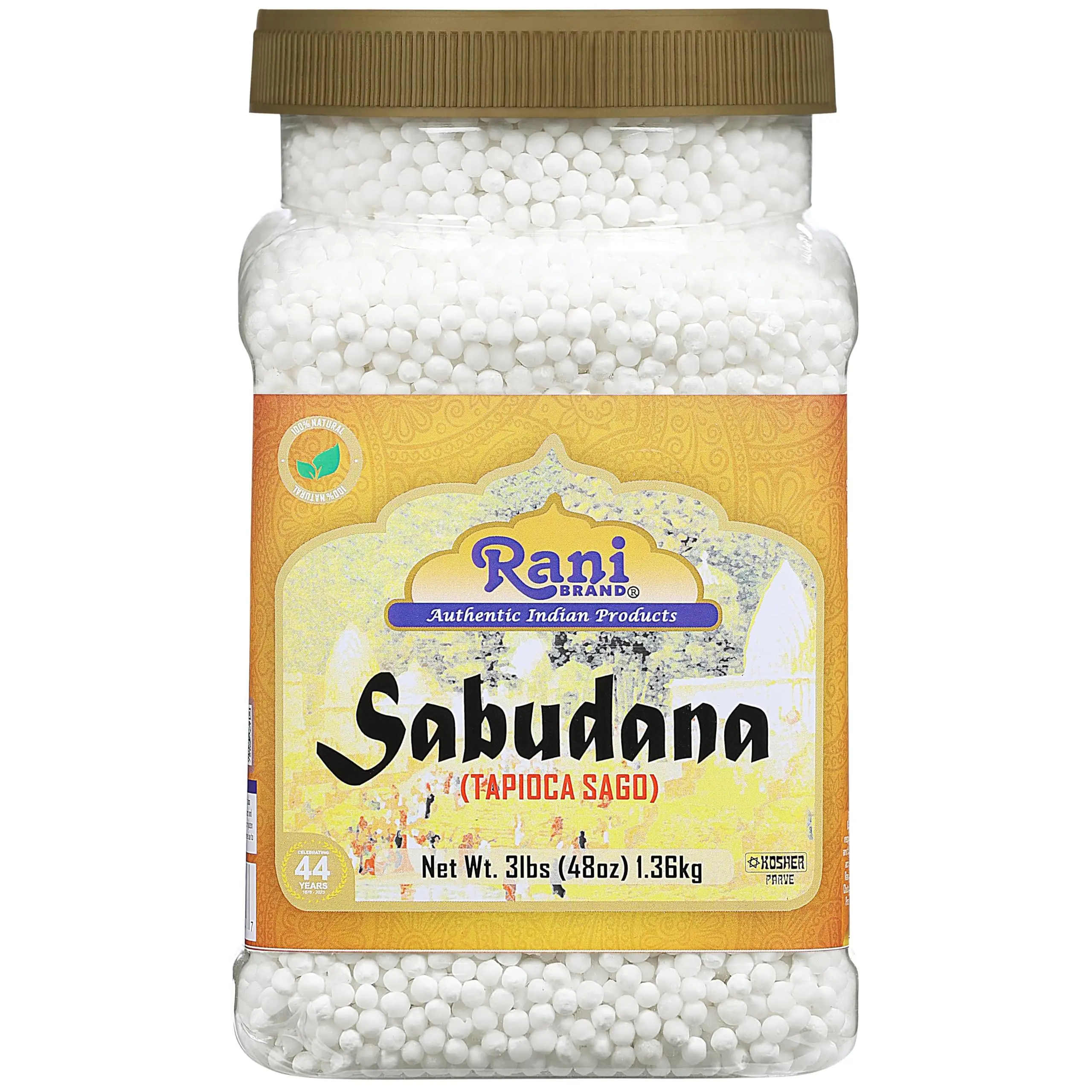 Rani Sabudana (Tapioca / Sago) Pearls 48oz (3lbs) 1.36kg Bulk PET Jar ~ All Natural | Vegan | No Colors | NON-GMO | Kosher | Indian Origin
