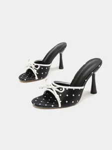 Women's Summer New Retro Round Toe High Heel Sandals, French Polka Dot Cat Heel Slippers, Pearl Bow Design Slip-On High Heels Classic