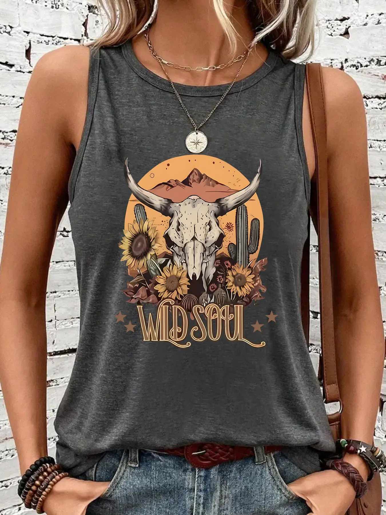 Women's Vintage Western Cowboy Sunflower Print Sleeveless Vest, Casual Elastic Top, Round Neck, All-Season Wear